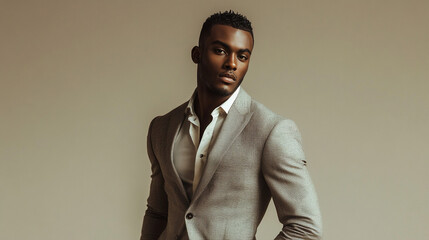 Black man in a slim suit posing confidently against a neutral background, showcasing modern and sleek formal wear for fashion photography