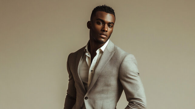 Black man in a slim suit posing confidently against a neutral background, showcasing modern and sleek formal wear for fashion photography - Powered by Adobe