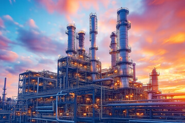 Industrial facility under colorful sunset sky with visible structures and pipes. Generative AI