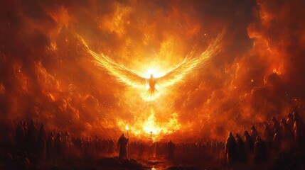 pentecost the descent of the holy spirit on the followers people in front of a fire burning in the desert with bright dove in the sky digital painting