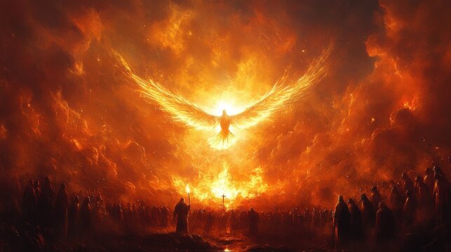 pentecost the descent of the holy spirit on the followers people in front of a fire burning in the desert with bright dove in the sky digital painting