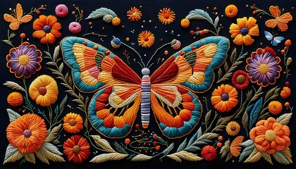 EMBROIDERY ART Marigold and The Butterfly Handmade Craft Background
