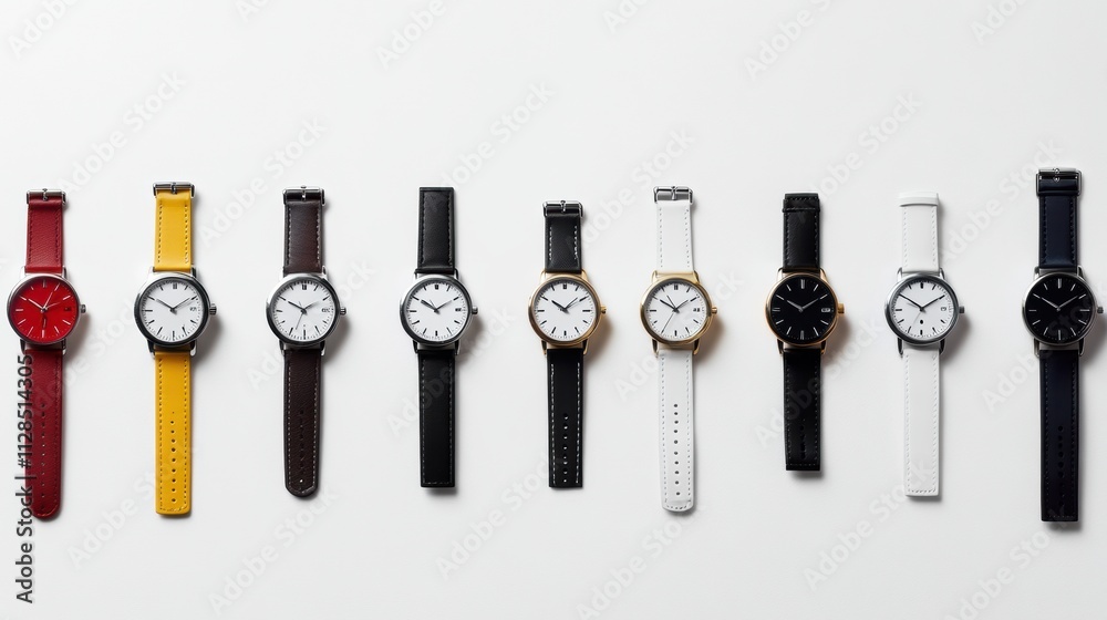 Poster different styles of wristwatches are arranged neatly on a clean surface, offering a stylish selectio