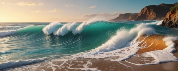 Vibrant turquoise and orange waves crashing against the shore, vibrant colors, orange hues, beachy vibes
