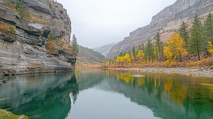 Fototapeta premium Autumn Reflections, Serene Lake Nestled Amidst Majestic Mountain Peaks and Golden Fall Foliage
