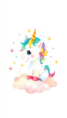 Naklejka premium smiling unicorn surrounded by sparkles and pastel-colored clouds