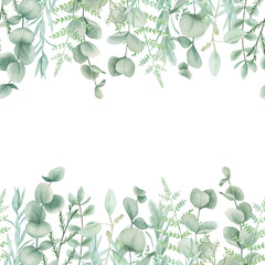 Obraz premium Watercolor seamless border with eucalyptus and herbs. Hand drawn botanical illustration. Floral background