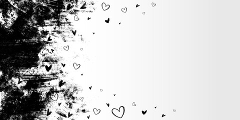 Abstract Background with Grunge Icon Hearts. Black cute doodle love signs. Scribble heart shapes drawn with markers and crayons
