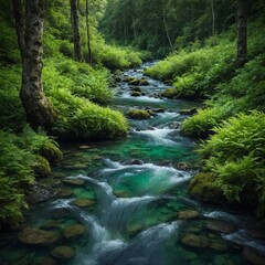 Fototapeta premium Describe a crystal-clear stream meandering through a lush green forest.