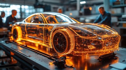 Obraz premium Transparent glowing car model on assembly line with engineers.