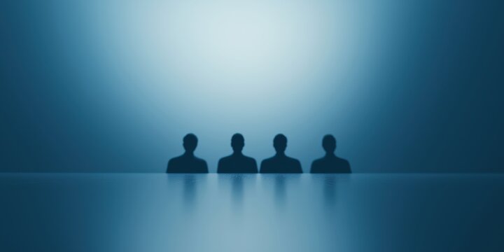 Four silhouetted figures are positioned against a soft blue background, evoking feelings of unity and collaboration in a minimalist artistic approach.