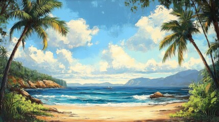 Tranquil Tropical Beach Scene With Palm Trees And Ocean