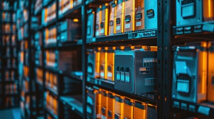 Blinking server room equipment storing vast amounts of digital information in a data center, illuminated by striking blue and orange lighting, highlights advanced technology and innovation