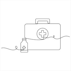 Continuous single line drawing of first aid kit box medical kit bag outline design vector illustration