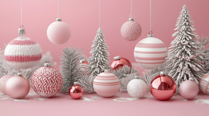A beautifully arranged scene featuring pink and white ornaments hanging among frost-covered fir trees, the decorations glisten in the gentle winter atmosphere.