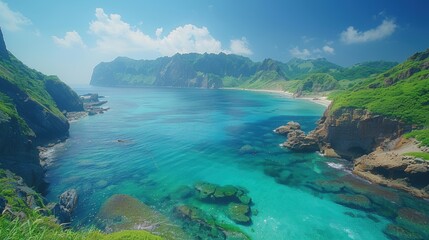 Fototapeta premium Pristine Island Beach Turquoise Waters Lush Coastline Scenic View