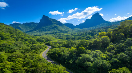 A scenic drive through winding mountain roads, with a car driving past lush forests and towering peaks under a bright blue sky. Road trip through scenic mountain roads.