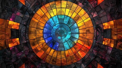 Colorful stained glass window with a circular pattern in the shape of a circle