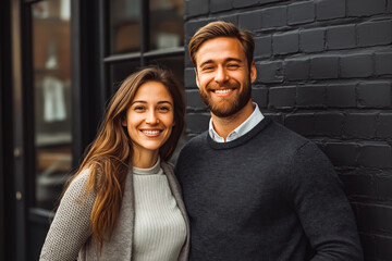 Fototapeta premium Business partners smiling while standing against a black brick wall