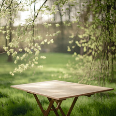 Naklejka premium A minimalist composition of a wooden table with a light wood texture, placed on a soft green grassy surface.