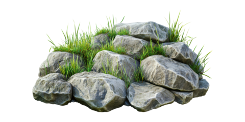 Pile of rocks with grass growing on top isolated on transparent background