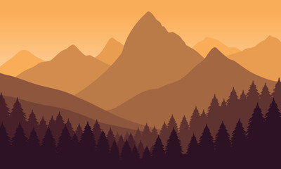 Vector orange mountain landscape with clean sky, calm river and pine trees silhouettes