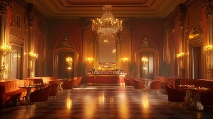 Fototapeta premium Elegant Golden Bar Room With Red Accents and Chandeliers