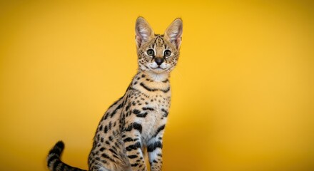 Elegant african serval cat on vibrant yellow background for animal portrait