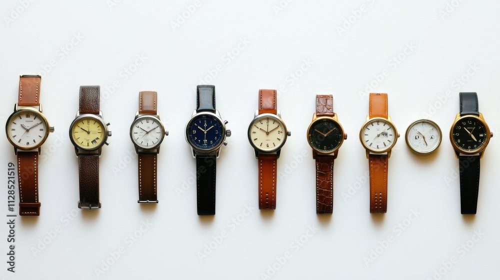 Leinwandbilder A diverse array of wristwatches is displayed in a linear fashion, featuring different styles and strap materials against a clean background. Generative AI