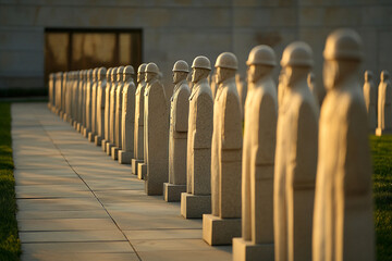 Soldiers' monument illuminated by sunset glow
