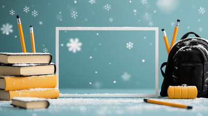 An empty advertising template frame designed around a school life theme in winter, featuring snow-dusted books, pencils, and a backpack on the sides. 