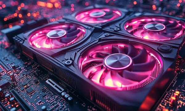 A close-up of a computer graphics card with illuminated fans on a circuit board.