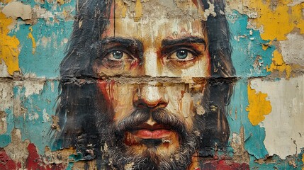 religious contemporary art graffiti representing jesus on the facade of a building copy space