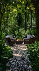 A lush backyard garden with comfortable chairs around an elegant fire pit