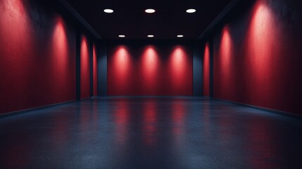 Red Room Interior With Dark Floor And Spotlights