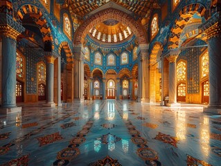 Obraz premium Majestic Al Fateh Mosque Interior Islamic Architecture Blue Tiles Golden Accents Marble Floor