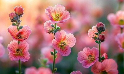 A close-up of delicate pink flowers blooming in a soft, blurred background.