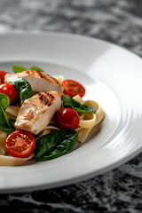 close up photo of white plate with fettuccine, grilled chicken, cherry tomatoes, and spinach on marble table, showcasing delicious and healthy meal