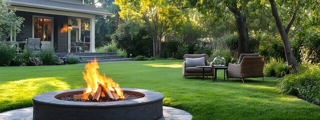 A lush backyard garden with comfortable chairs around an elegant fire pit