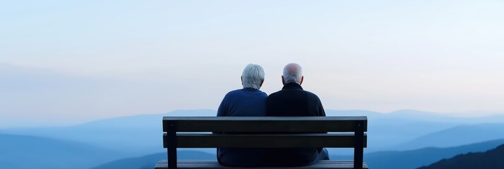 A serene moment captured of an elderly couple sitting closely on a bench, showcasing companionship, love, and the beauty of a lifelong relationship amidst a tranquil landscape.