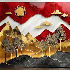 Golden Landscape with Sun, Clouds, and Trees Artwork