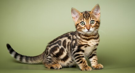 Obraz premium Charming bengal kitten in playful pose on green background for pet lovers and animal enthusiasts