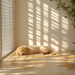puppy peacefully sleeps in sunlit room with vibrant and bright tiles, casting playful shadows. serene atmosphere is enhanced by nearby plant, creating cozy and warm setting