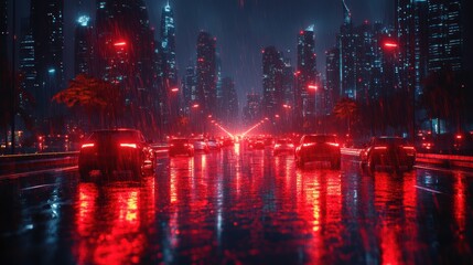 Fototapeta premium road with red and white lights heavy rain and floating cars in water areas dubai on a white background science fiction architecture with an understanding of technolog
