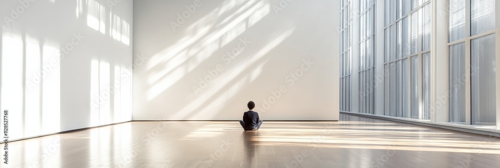 Aufkleber a single person sits quietly on the floor of a large, empty gallery space, surrounded by walls and b