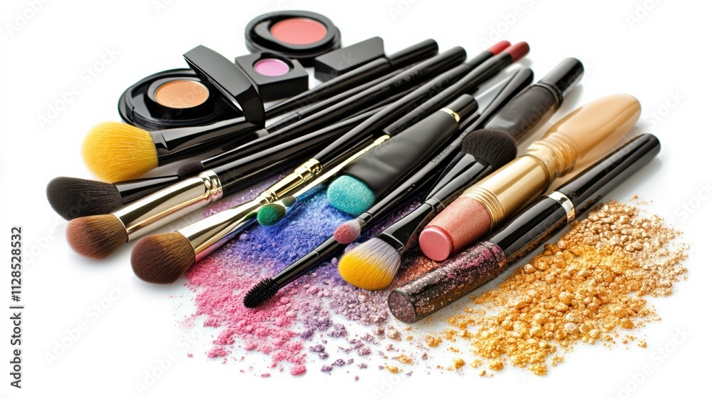 Poster variety of makeup tools including brushes, eyeshadows, lipsticks, and powders displayed neatly with 