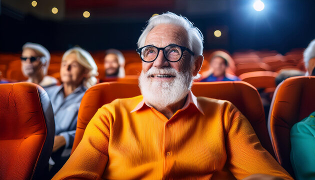 An elderly man with white beard, wearing a bright orange shirt and glasses, enjoys a colorful movie surrounded by fellow guests in a lively theater environment.