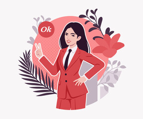 Ambitious brunette businesswoman ok office worker, confident business success, achievement, lady red suit, tie design for art magazine, blog, graphic advertisement, digital social media illustration