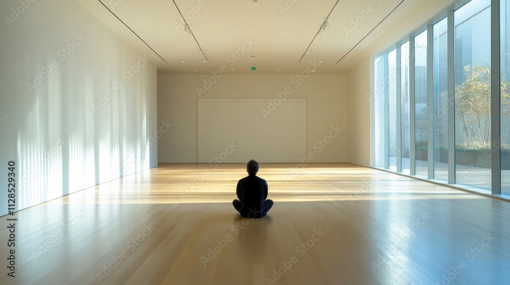 Aufkleber a lone individual sits quietly on the floor of an expansive gallery, surrounded by bright, open spac