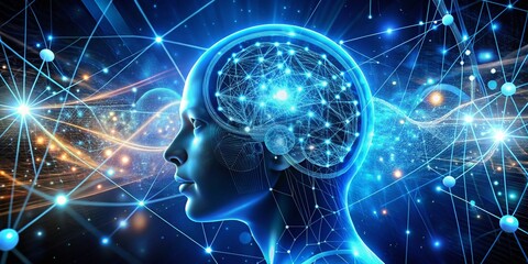 Abstract Human Head with Brain Network and Electric Circles Representing Digital Data and AI Technology in a Futuristic Landscape